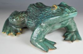 A large pottery frog with mottled green glaze, H23, L43cm