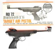 Bullseye RO72 .177 target air pistol with shaped and chequered grips and adjustable sights, serial
