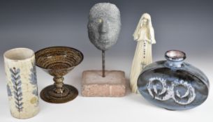 Studio pottery including Llangollen moon flask, Patrick Courcy or Courcey face mask, pedestal