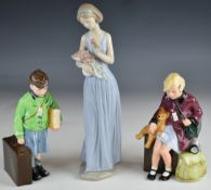 Royal Doulton figures Girl and Boy Evacuee and a Nao figurine, tallest 32cm