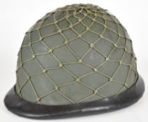 Falklands War Argentine M1 steel helmet with netting, liner marked 'MXV', webbing and leather chin