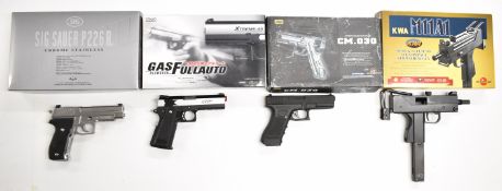 Four airsoft pistols comprising Sig Sauer P226 Rail Chrome Stainless 9mm, KWA M11 A1 Semi & Full