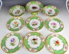 19thC porcelain nine piece dessert set with botanical decoration, diameter 24cm