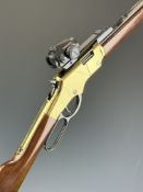 Henry Golden Boy .22 Winchster style underlever-action rifle with brass frame and butt plate,