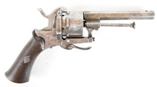 Belgian six-shot double-action pinfire revolver with shaped wooden grips, folding trigger and 3.5
