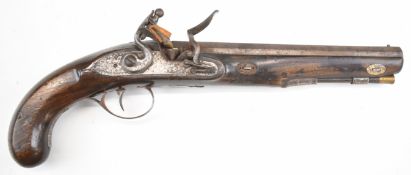 Unnamed flintlock pistol with liner engraved lock and hammer, brass-tipped wooden ram-rod and 9 inch