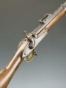 Enfield three band percussion hammer action gun with lock stamped with crown over 'VR' cypher and '