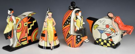 Four Lorna Bailey Art Deco style figural sifters, jugs, etc all limited editions, tallest 27cm