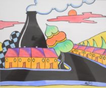 Lorna Bailey (b. 1978) watercolour bottle kiln with houses, signed lower right, 25 x 30cm