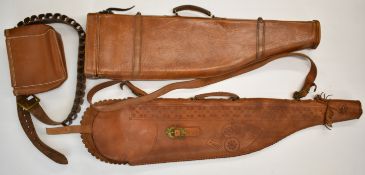Four shotgun or shooting related items comprising leg of mutton carry case, gun slip with embossed