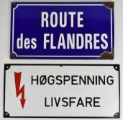 Likely Scandinavian vintage enamel danger high voltage warning sign, 33 x 50cm, together with a