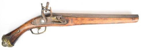 Eastern flintlock pistol with ornate brass trigger guard and butt cap, wire inlaid grip and 11.5