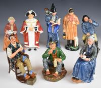 Eight Royal Doulton character figurines including The Shepherd, The Wizard, The Cup of Tea,