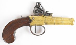 Nicholson of London flintlock pocket pistol with named and engraved lock, brass frame, line engraved