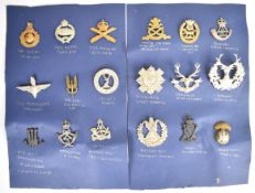 Eighteen military cap badges including Special Air Service (SAS), Royal Marines, Royal Tank