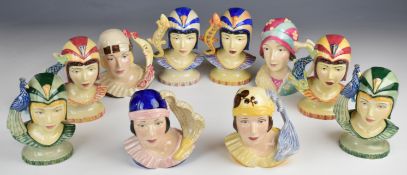 Ten Kevin Francis character jugs including three Art Deco Girls Masquerade Parade, Feathers Handle