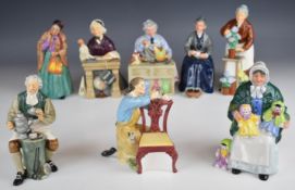 Eight Royal Doulton character figures including China Repairer, Schoolmarm, Bridget, Tinsmith,