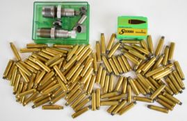 A collection of .223 rifle cartridge re-loading items including dies, cases and bullets.