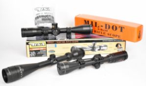 Three rifle scopes BSA Sweet 22 6-18x40 and SMK 3-9x40, both in original boxes, and Hawke Airmax 4-