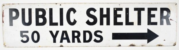 WW2 vintage enamel Public Shelter 50 yards sign with arrow pointing right, 23 x 91cm