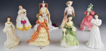 Eight Royal Doulton figures including Free Spirit, Marguerite, Lady Victoria May, Diamond Jubilee,