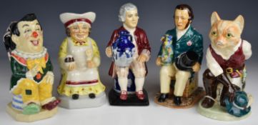 Five Kevin Francis character jugs comprising Josiah Wedgwood, Sir Henry Doulton, The Clown, Puss