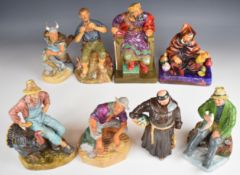 Eight Royal Doulton character figures including Viking, The Potter, The Old King, Jovial Monk,