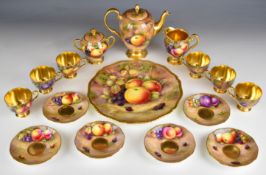 Ex Royal Worcester artist painted fruit tea set and cabinet plate, tallest 18cm, signed R Budd