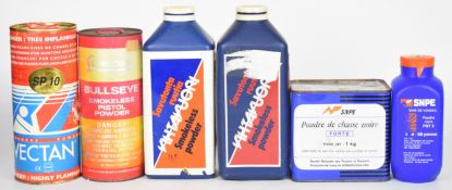Six tins/ tubs of shotgun or rifle cartridge re-loading powder including Vihtavuori N110 and N310,