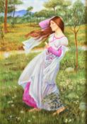 Francis Clark, ex Royal Worcester artist, porcelain plaque with a windswept maiden in a flower