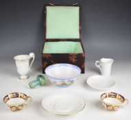 Meissen cups and saucers, Royal Crown Derby teacups, Isle of Wight glass, Chinese bowl in box,
