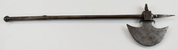 Indian or similar sword stick axe, with etched decoration to the crescent shaped blade, brass