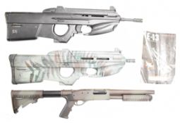 Three airsoft guns comprising two Automatic Electric Gun Series E-03 rifles, one with