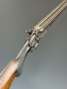 Belgian 24 bore side by side hammer action shotgun with engraved locks, hammers, trigger guard,