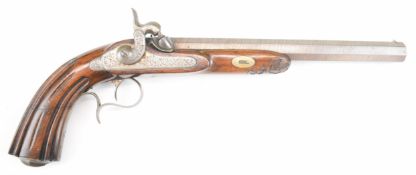 Continental percussion hammer action duelling or target pistol with engraved lock, hammer, spurred