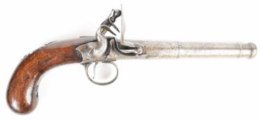 John Tow of London Queen Anne style flintlock pistol with silver mounts and wrist cartouche,