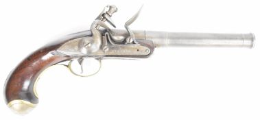 Thomas Henshaw Queen Anne style flintlock pistol with silver plated brass mounts, trigger guard,