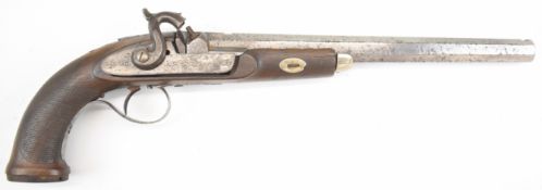Indistinctly named percussion hammer action duelling pistol with engraved lock, hammer, trigger