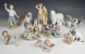 Eight Lladro and two Nao figures of children and animals including a surfer