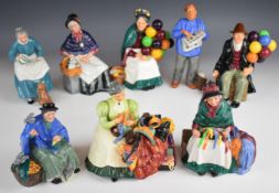 Eight Royal Doulton character figures including Wardrobe Mistress, Old Balloon Man / Woman, etc,