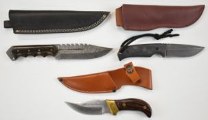 Three survival or similar knives comprising one with Damascus steel blade, Whitby stainless