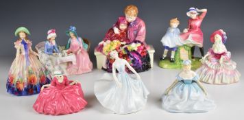 Eight Royal Doulton figures including Flower Sellers, Children, Evelyn HN1622, Polly Peachum,