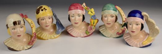 Five Kevin Francis Art Deco Girl limited edition character jugs, tallest 16cm.