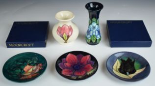 Three Moorcroft pin dishes and two vases, two dishes boxed, tallest 13cm