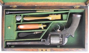Deane, Adams & Deane Adam's patent 38 bore 5-shot self-cocking revolver with chequered wooden grips,