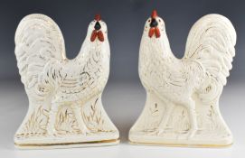 Pair of 19thC Staffordshire cockerels, the feathers. spurs and body highlighted with gilt