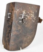 WW1 experimental trench steel mask / shield with eye slits and leather straps, with photocopy