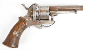 Belgian six-shot double-action pinfire revolver with shaped and chequered wooden grips, folding