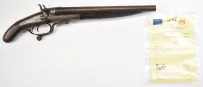 Deactivated C G Bonehill sawn off 20 bore side by side hammer action shotgun with named and border