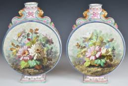 Pair of 19th/20thC French pottery moonflasks with floral decoration and lion mask handles, 'L and